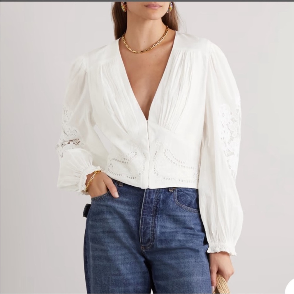Farm Rio White V-Neck Eyelet Blouse - Women Tops